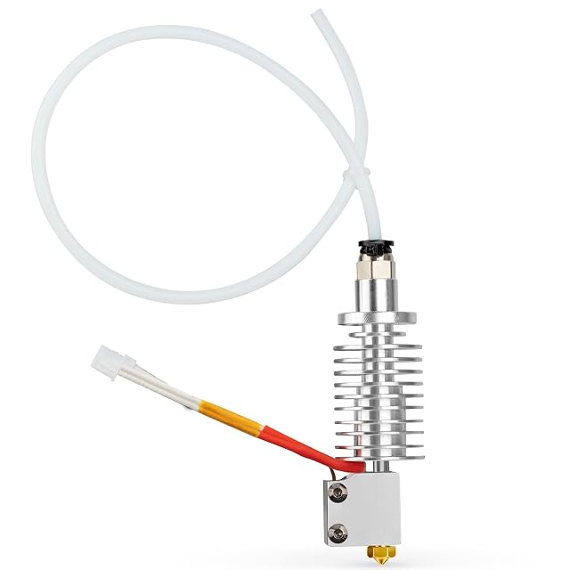 Anycubic Vyper hotend with finned heatsink, heater block, brass nozzle, plugged cable and a white PTFE tube