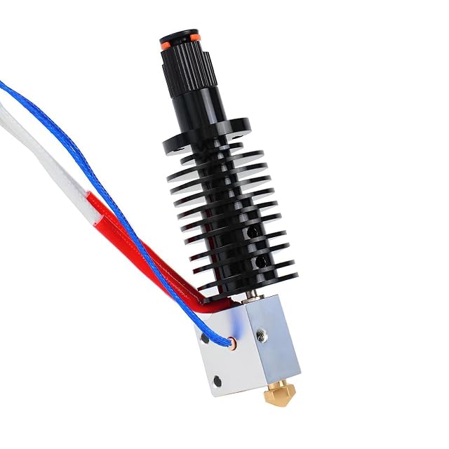Black finned hotend with silver heater block, brass nozzle, red-sleeved heater wires and a blue braided thermistor lead