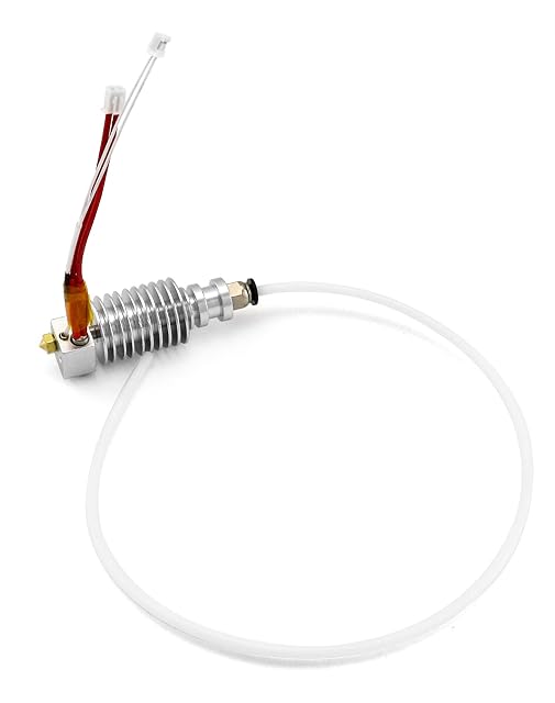 QWORK hotend with a finned silver heatsink, brass nozzle, two plugged wires and a long white PTFE tube