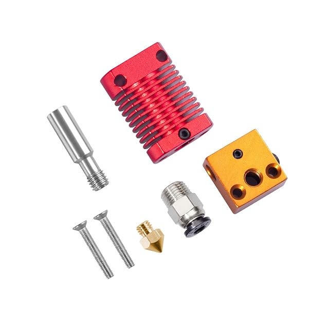 Redrex hotend parts: red finned heatsink, gold heater block, steel throat, brass nozzle, push-in fitting and two screws