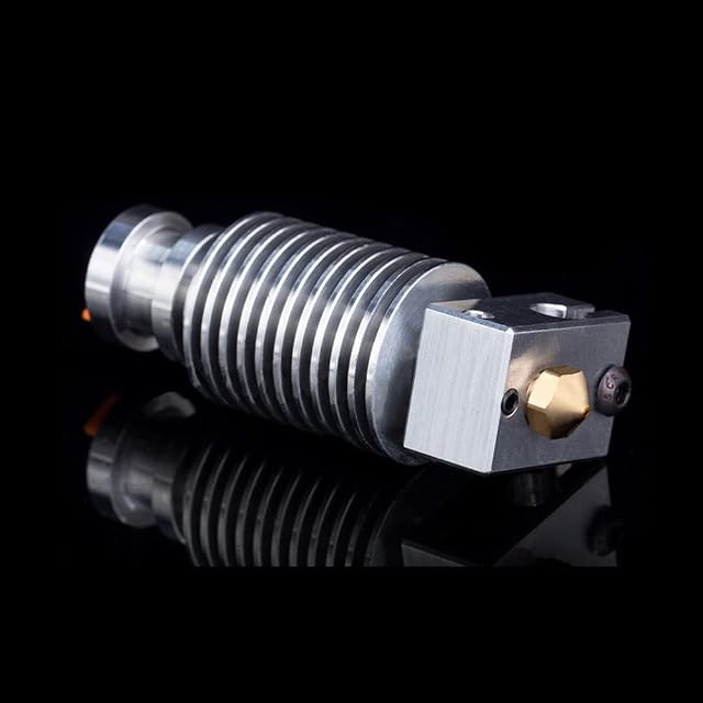 Assembled silver V6 hotend with finned heatsink, heater block and brass nozzle, no wiring attached