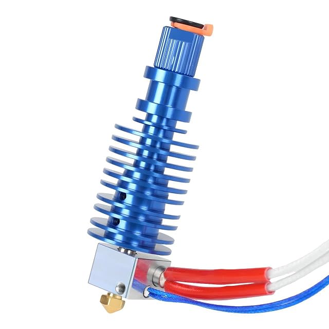 Blue finned hotend with silver heater block, brass nozzle, red-sleeved heater wires and a blue braided thermistor lead