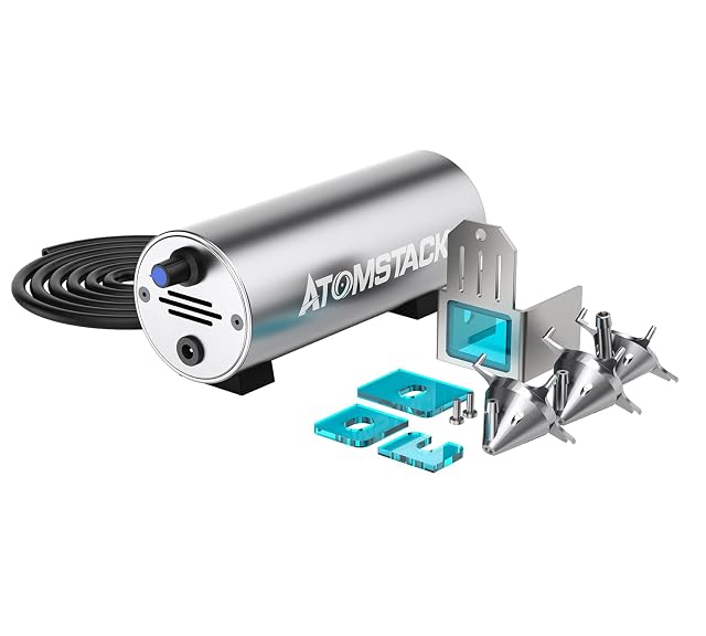 Silver cylindrical ATOMSTACK pump with a knob, black tube, steel bracket with blue shield and three cone nozzles