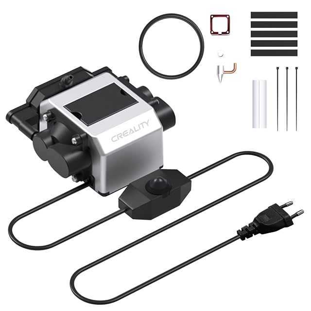 Creality air pump on a mains cable with inline dial and European plug, with a nozzle, bracket, O-ring, tubes and cable ties