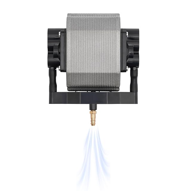 Twin-head air pump with a ribbed grey body and a brass outlet blowing air downward