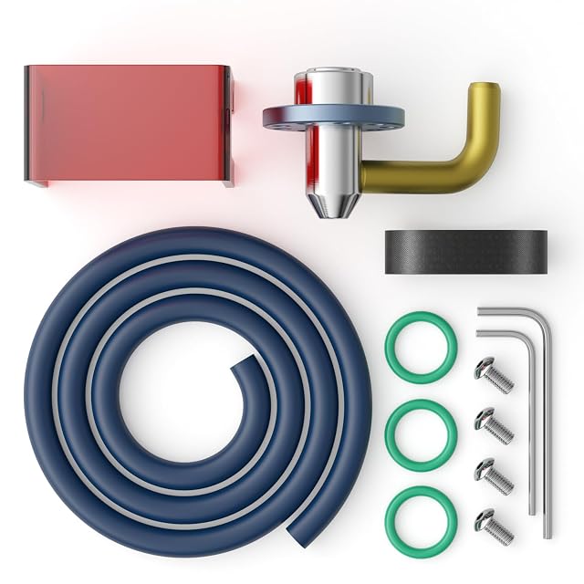 SCULPFUN nozzle with brass elbow, red acrylic shield, blue air tube, three green O-rings, screws, hex keys and a black band