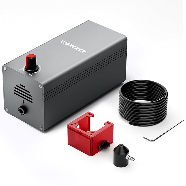 Grey WOXCKER pump with a red OFF–MAX knob, coiled black tube, red acrylic bracket, black cone nozzle and hex key