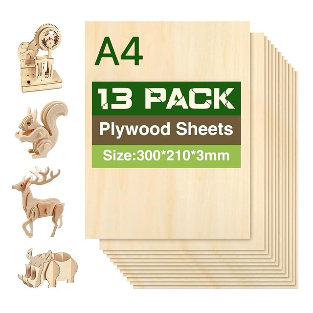 Stack of plywood sheets labelled A4 13 PACK, 300 × 210 × 3 mm, with wooden animal models