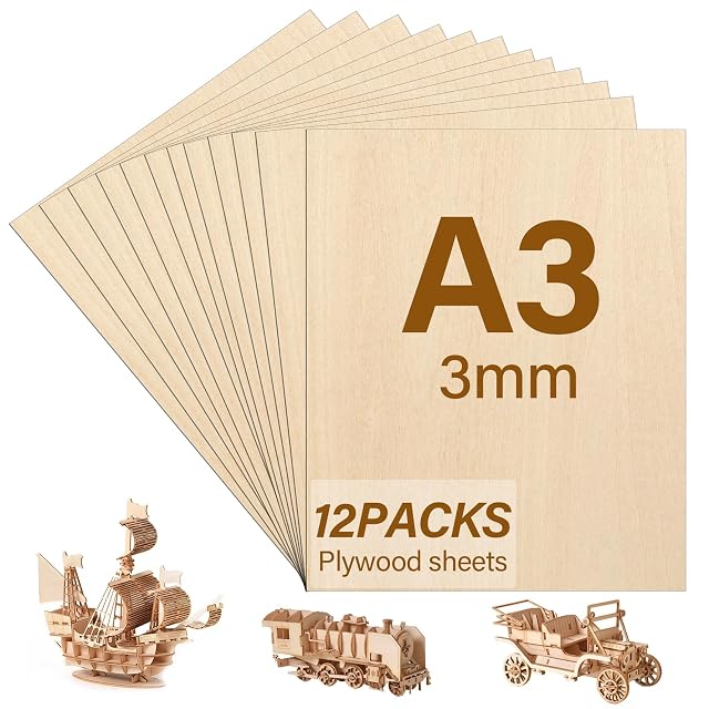 Fanned plywood sheets printed A3 3mm 12PACKS, with a wooden ship, train and car