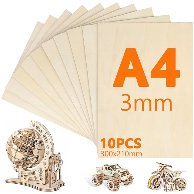 Fanned plywood sheets printed A4 3mm 10PCS 300 × 210mm, with a wooden globe, truck and motorbike