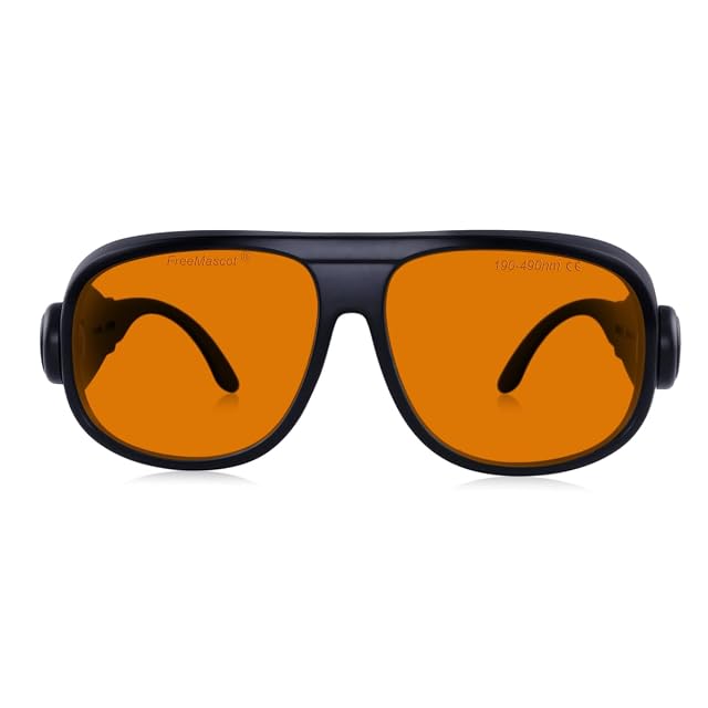 FREEMASCOT glasses with orange lenses in a black frame, one lens printed with its 190–490 nm range