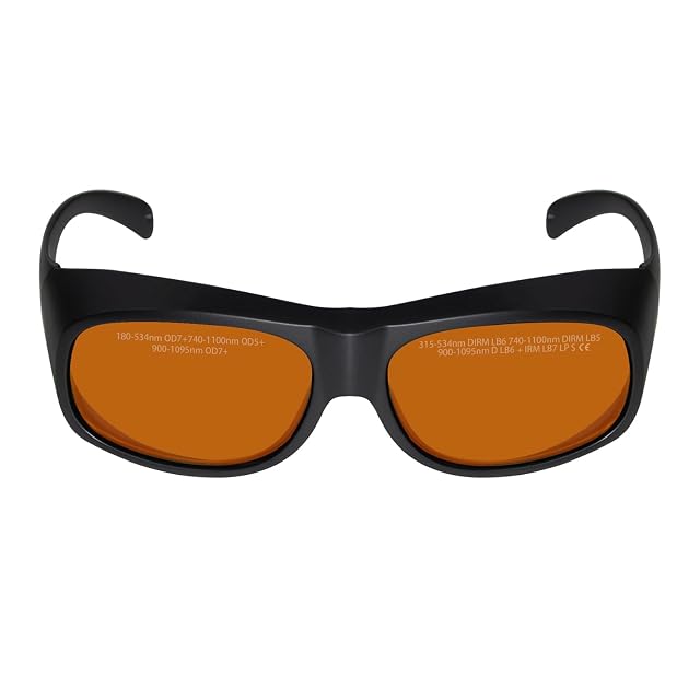 LaserPair over-glasses frame with orange lenses printed with wavelength bands, OD values and DIRM LB markings