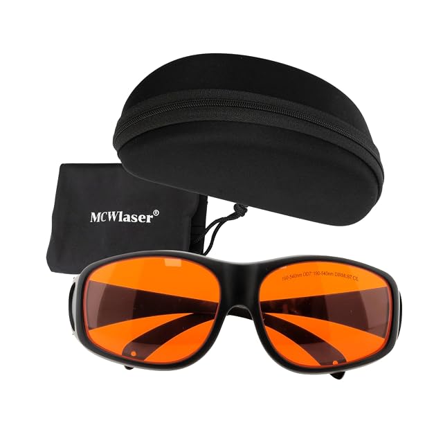 MCWlaser glasses with orange lenses marked 190-540nm OD7+ DIRM LB7 CE, beside a zip case and a soft pouch