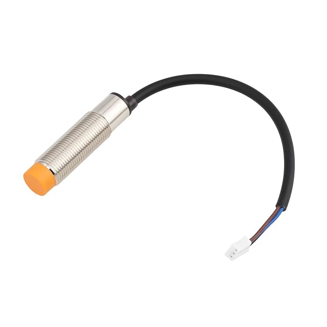 Threaded cylindrical metal sensor with an orange face and a black cable ending in a three-pin plug
