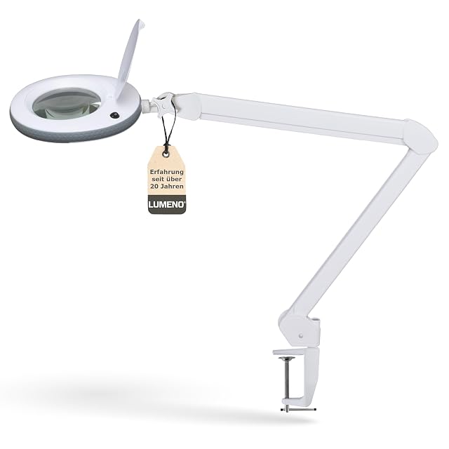 Lumeno 7215GR white magnifier lamp with grey rubber edge and jointed arm