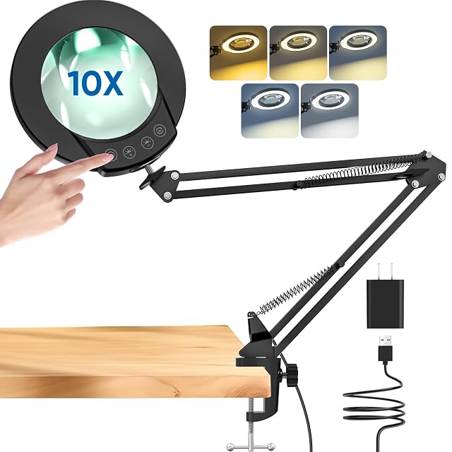 mandland black clamp-mounted magnifier lamp with a round lens