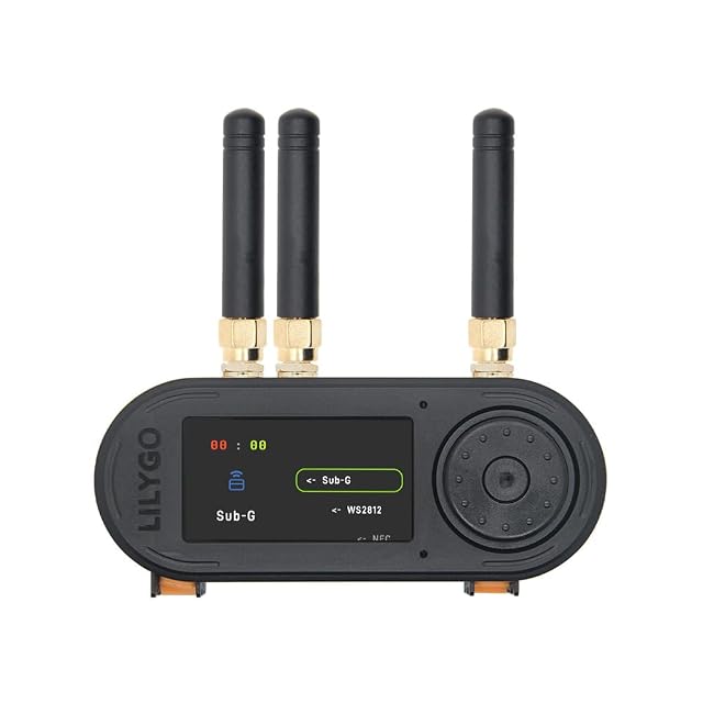 LILYGO T-Embed CC1101 Plus handheld device with three external antennas and a screen