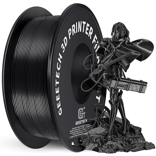 GEEETECH black PLA filament spool beside a black printed figure