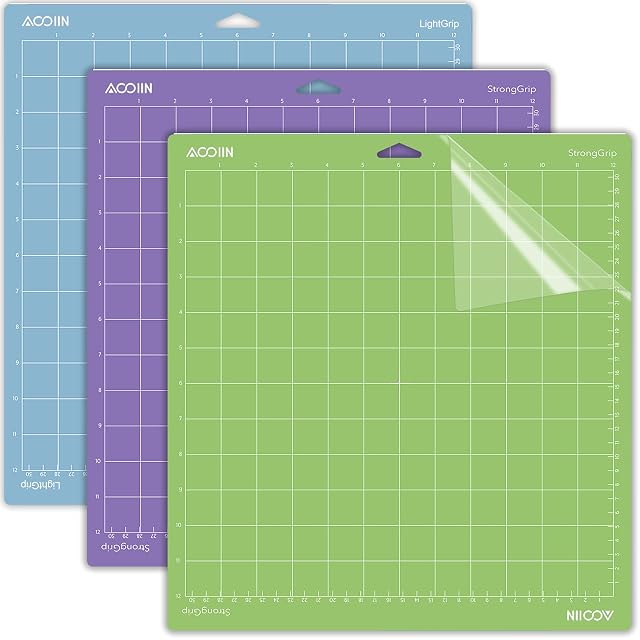 Three gridded mats: blue labelled LightGrip, purple labelled StrongGrip, and green also labelled StrongGrip, its film peeled back