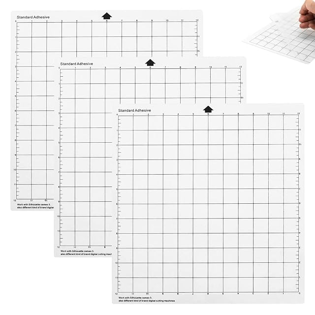 Three white mats labelled Standard Adhesive with black inch grids and a note for Silhouette Cameo 3 and other cutters
