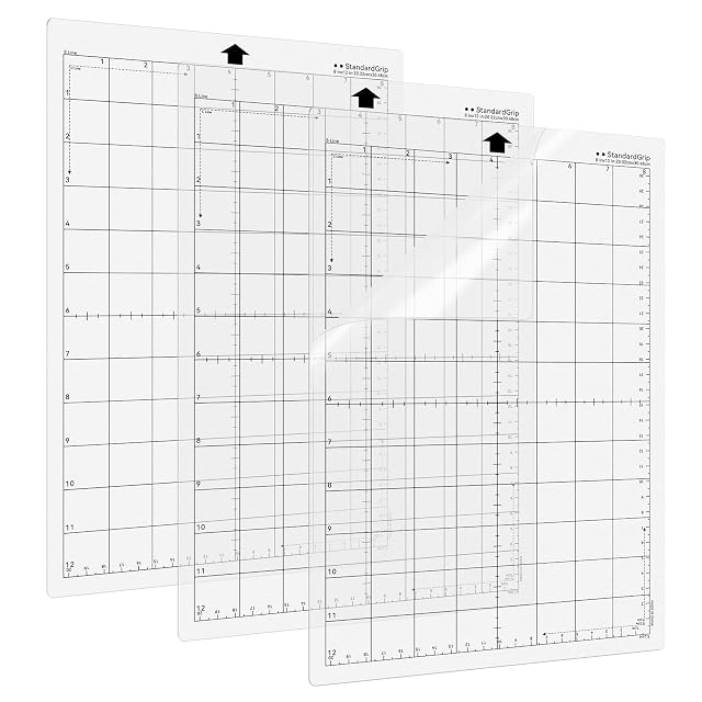 Three transparent StandardGrip mats with inch grids, labelled 8 in × 12 in (20.32 × 30.48 cm)