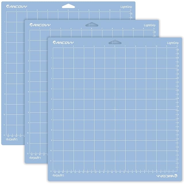Three blue RANCOVY LightGrip mats with grids marked to 12 in and 30 cm
