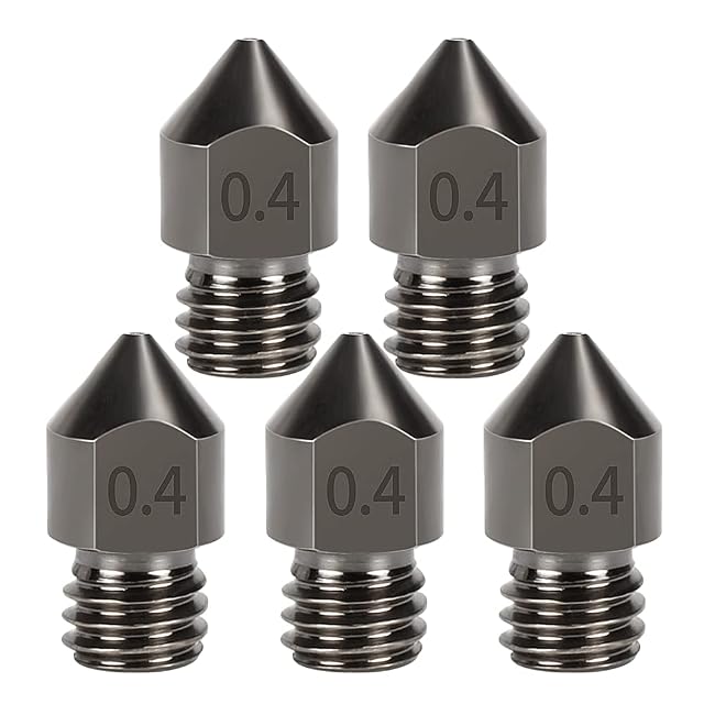 Five dark grey MICREEN steel MK8 nozzles, each engraved 0.4