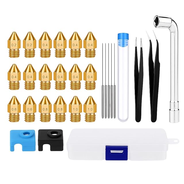 Eighteen brass nozzles with needles in a tube, two tweezers, an L-shaped socket wrench, two silicone covers and a box