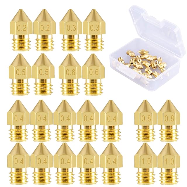 Twenty-two SIQUK brass MK8 nozzles engraved 0.2 to 1.0, beside a small clear box