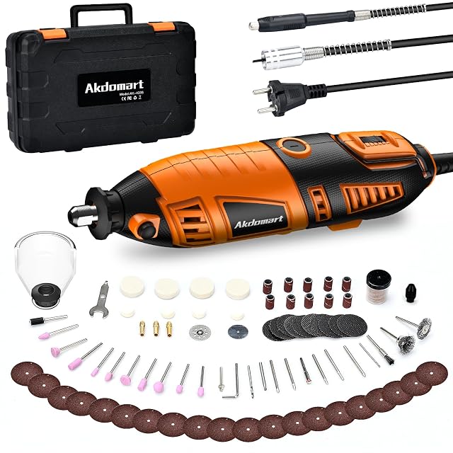 Akdomart rotary tool kit with flexible shaft and accessories in a case