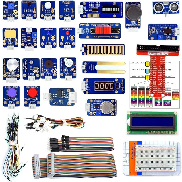 Adeept modules laid out — buttons, buzzers, LEDs, joystick, ultrasonic, gas and soil sensors — with an LCD, a GPIO extension board, ribbon cable, breadboard and jumper wires