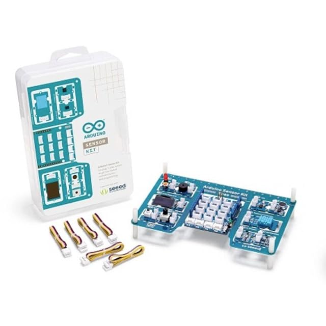 Arduino Sensor Kit box with a Seeed logo, a base board carrying modules and a display, and six four-pin cables