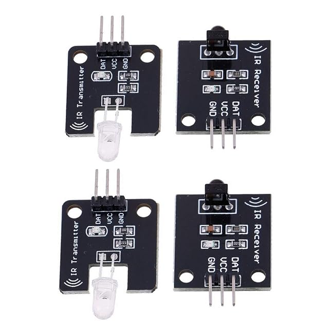 Two IR Transmitter boards with clear LEDs and two IR Receiver boards, each marked DAT, VCC and GND