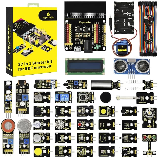 KEYESTUDIO 37 in 1 kit box, micro:bit shield, battery holder, micro servo, jumper wires, USB cable, LCD, ultrasonic sensor and rows of modules