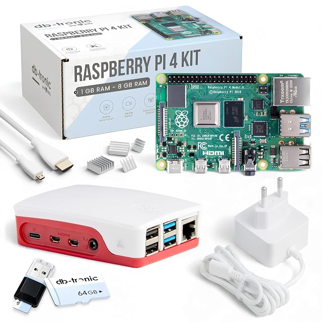db-tronic Raspberry Pi 4 starter set with red and white case, power supply and cables