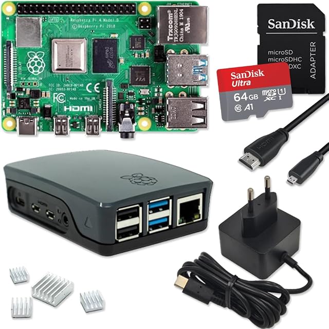 Raspberry Pi 4 starter set with black case, power supply, memory card and cables