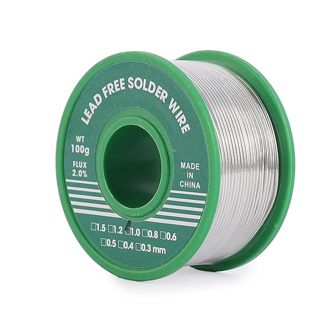 Unbranded green reel labelled lead free solder wire, WT 100 g, flux 2.0 %, 1.0 mm ticked
