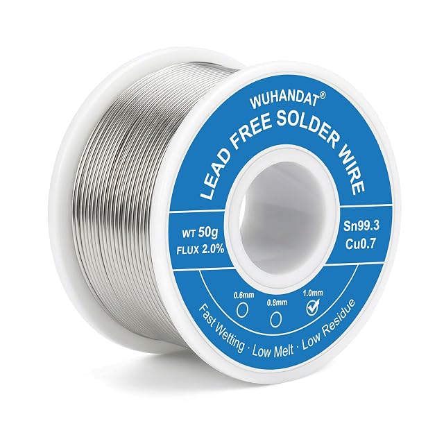 Blue WUHANDAT reel labelled WT 50 g, flux 2.0 %, Sn99.3 Cu0.7, 1.0 mm ticked
