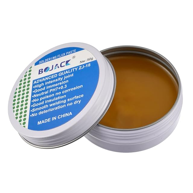 Open BOJACK tin of amber paste labelled Soldering Flux Paste, Advanced Quality ZJ-18, Nw 50 g