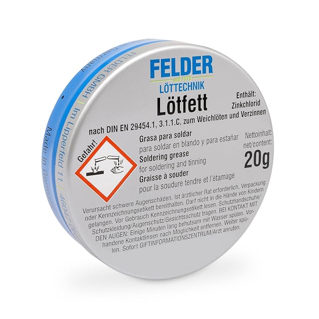 FELDER Lötfett 20 g tin with a corrosive hazard pictogram, the word Gefahr and a zinc chloride content line
