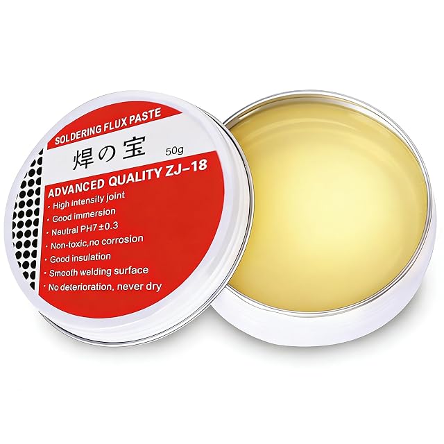 Open 50 g tin of pale paste labelled Soldering Flux Paste, Advanced Quality ZJ-18