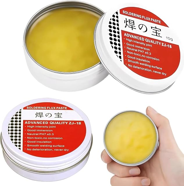 Two 10 g tins of yellow paste labelled Soldering Flux Paste, Advanced Quality ZJ-18, neutral pH 7 ± 0.3