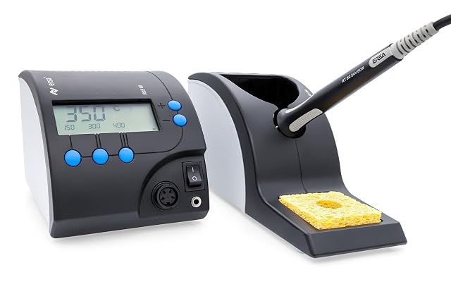 ERSA RDS80 digital soldering station with its iron in a stand