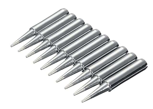 Ten silver conical soldering tips lined up diagonally