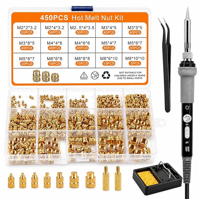 Box of brass inserts labelled 450PCS Hot Melt Nut Kit with a size table, seven brass tips, two adapters, tweezers, a 60 W iron and a stand with sponge