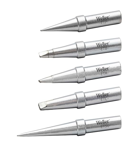 Five Weller tips engraved ETP, ETB, ETA, ETC and ETSL, with conical and chisel ends