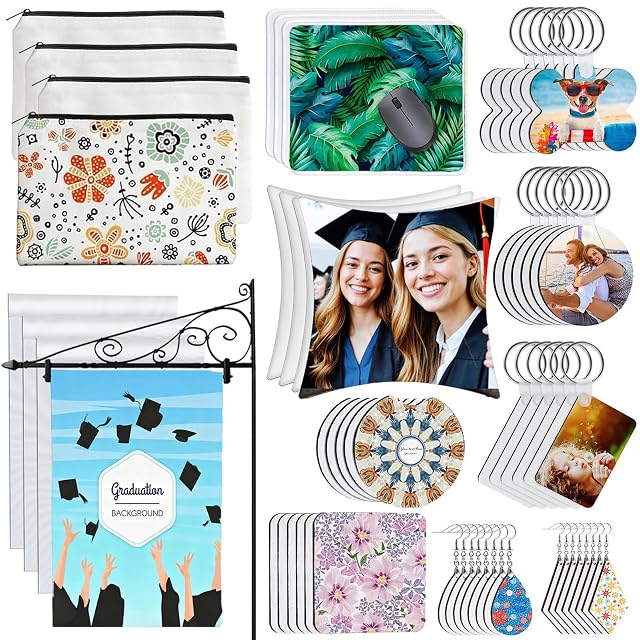 Blanks laid out: zip bags, mouse pads, pillow covers, a garden flag on a stand, coasters, keychains in three shapes and teardrop earrings