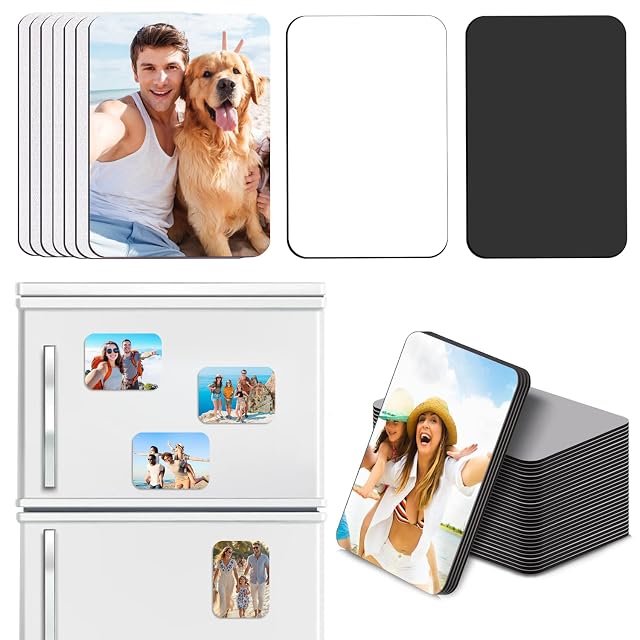 Rounded-corner magnet blanks with white faces and black backs, some printed with photos on a fridge