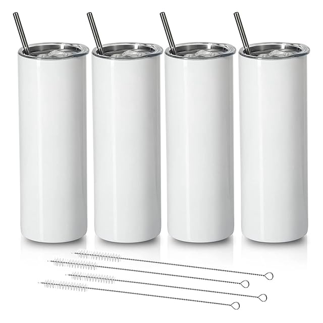 Four white straight tumblers with clear lids and steel straws, and four straw brushes