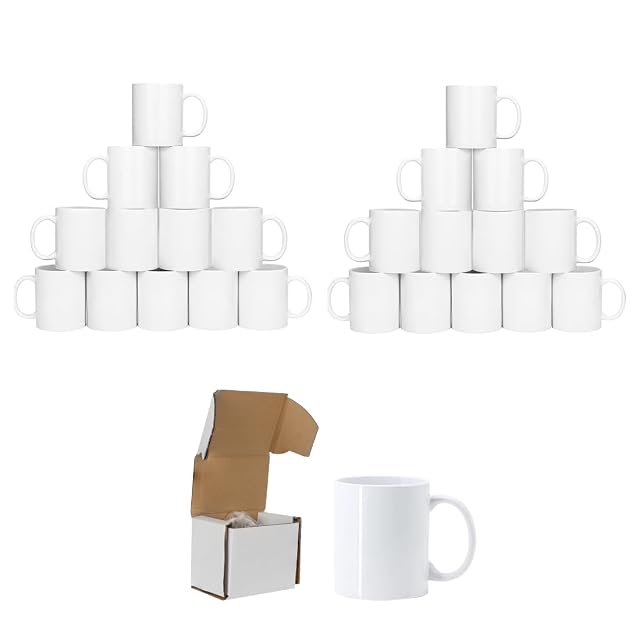 Two pyramids of twelve white mugs, and one mug beside its open white box